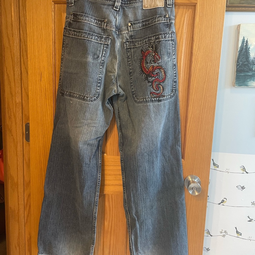 JNCO Men's Relaxed Blue Jeans with Red Dragon Embroidery